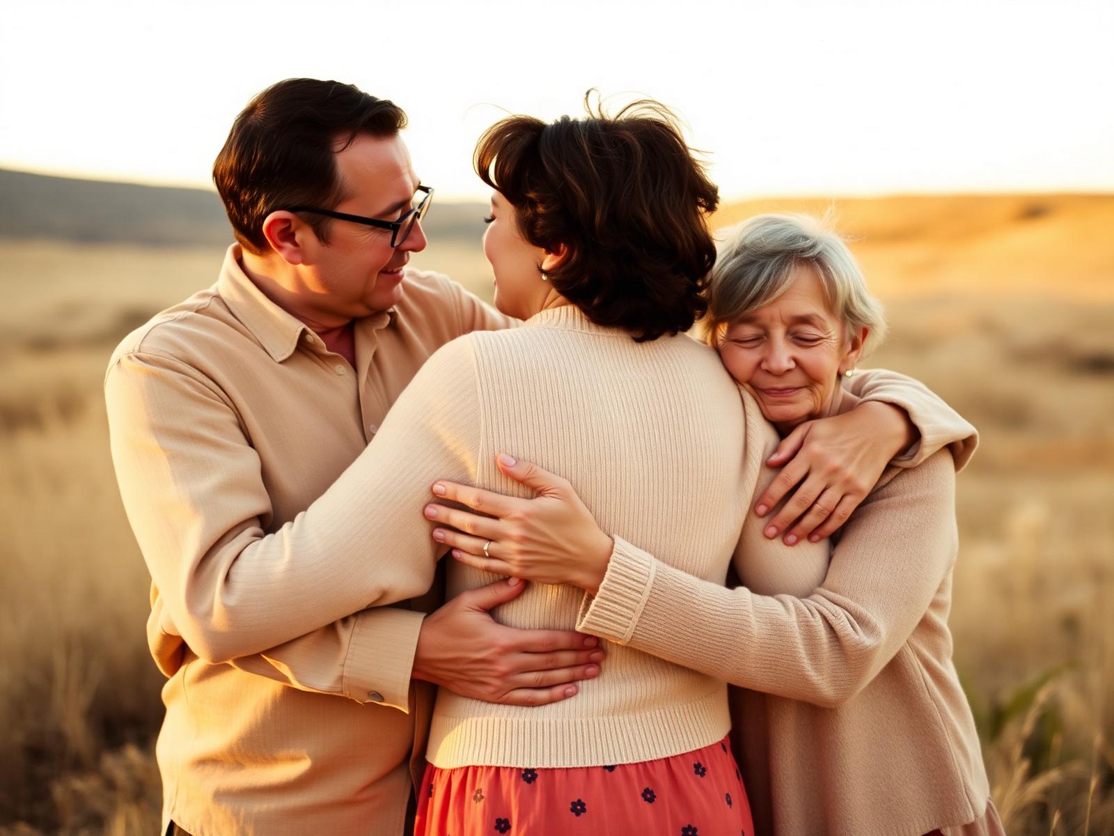 A family embracing at golden hour